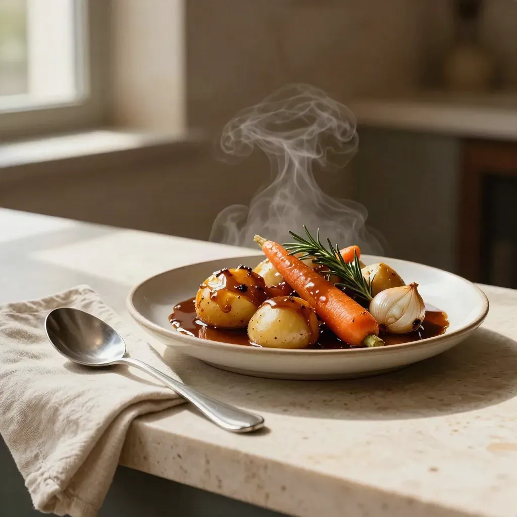 Secondo regionale brasato su piatto di ceramica con patate, verdure glassate e vapore caldo.