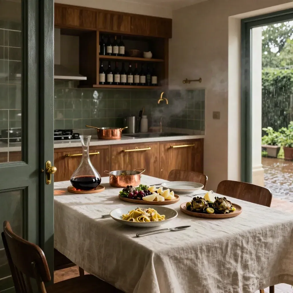 Sala privata di ristorante con pappardelle, antipasti, vino e luce cinematografica dopo la pioggia