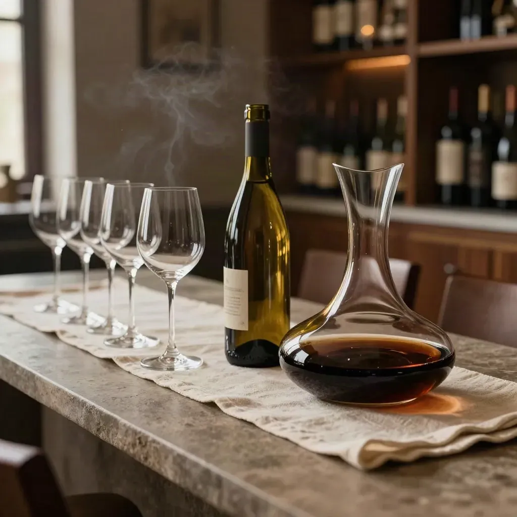 Calici e decanter per vini in abbinamento su runner di lino, luce calda di sala