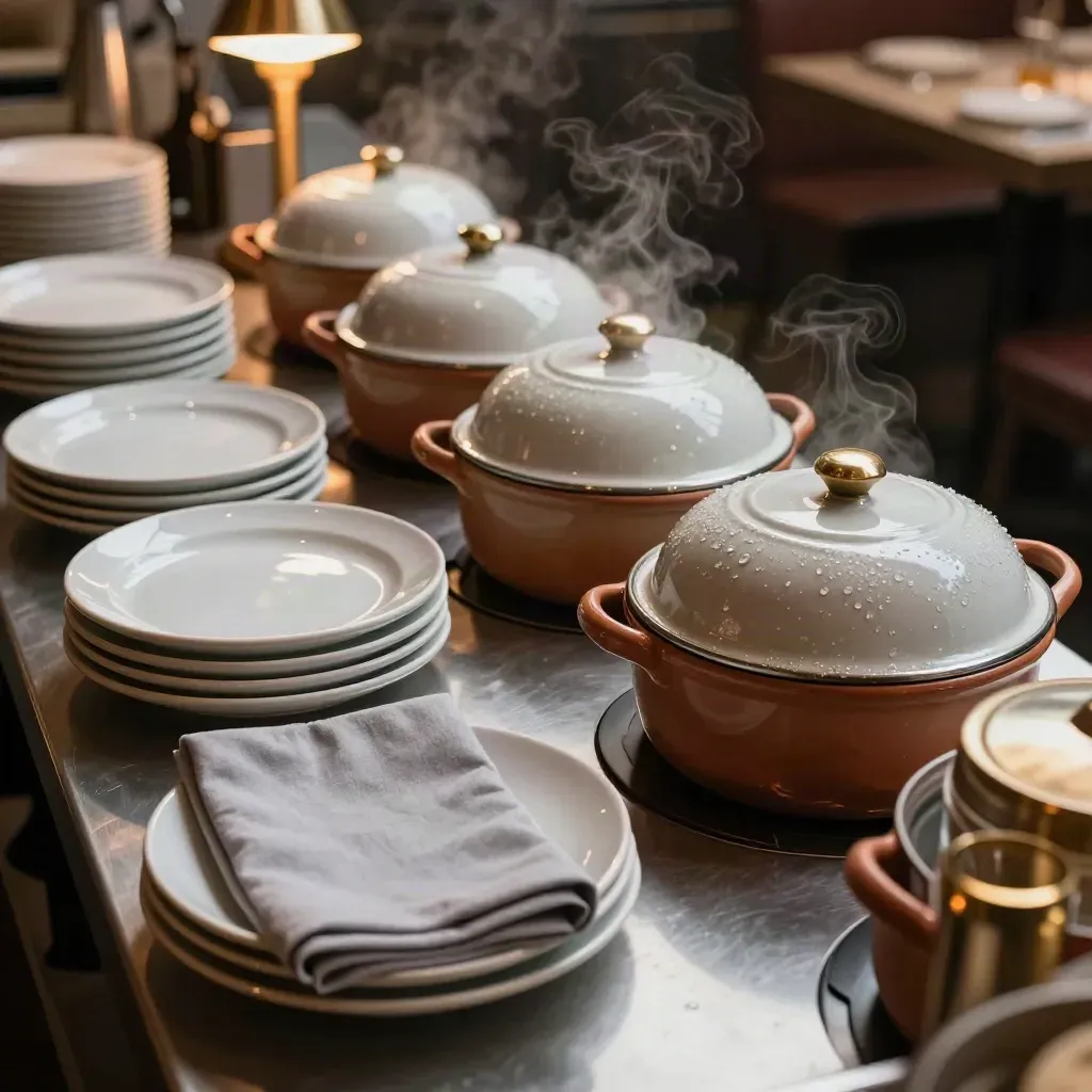 Banco buffet con piatti coperti, vapore e stoviglie in ceramica pronte al servizio