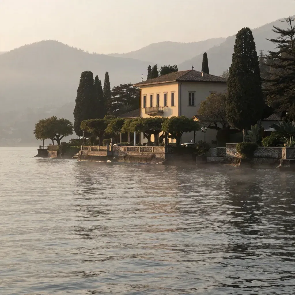 Villa sul Lago di Como all’alba con acqua calma e cippi di cipressi nella nebbia