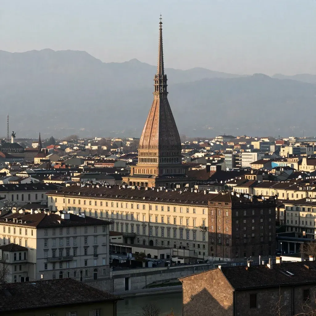 Torino all’alba con la Mole Antonelliana e le Alpi lontane nella foschia