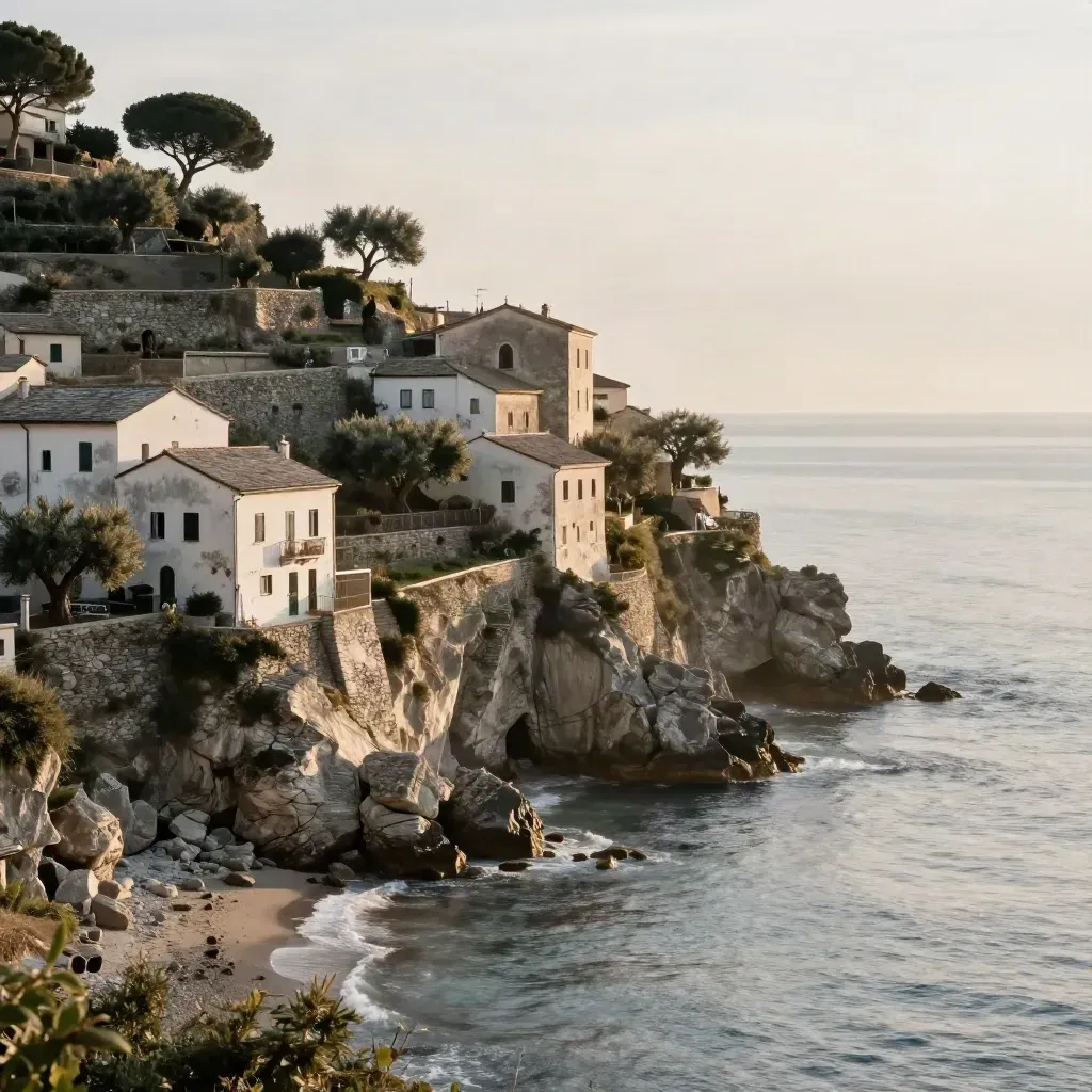 Villaggio ligure su scogliera con mare calmo e terrazze in lontananza